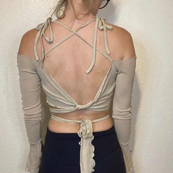 Zemeta Beige Mesh Tie Crop Top Long Sleeve Sheer Velvet Brown Stripes Size Small - Picture 8 of 10